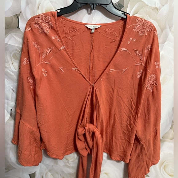 Coral lucky brand bohemian bell sleeve embroidered crop top size Xs 100% Viscose - Picture 10 of 14